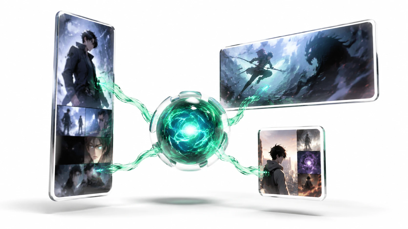 A central glowing narrative core connected by flexible, translucent ribbons to various sized glass panels representing different media forma