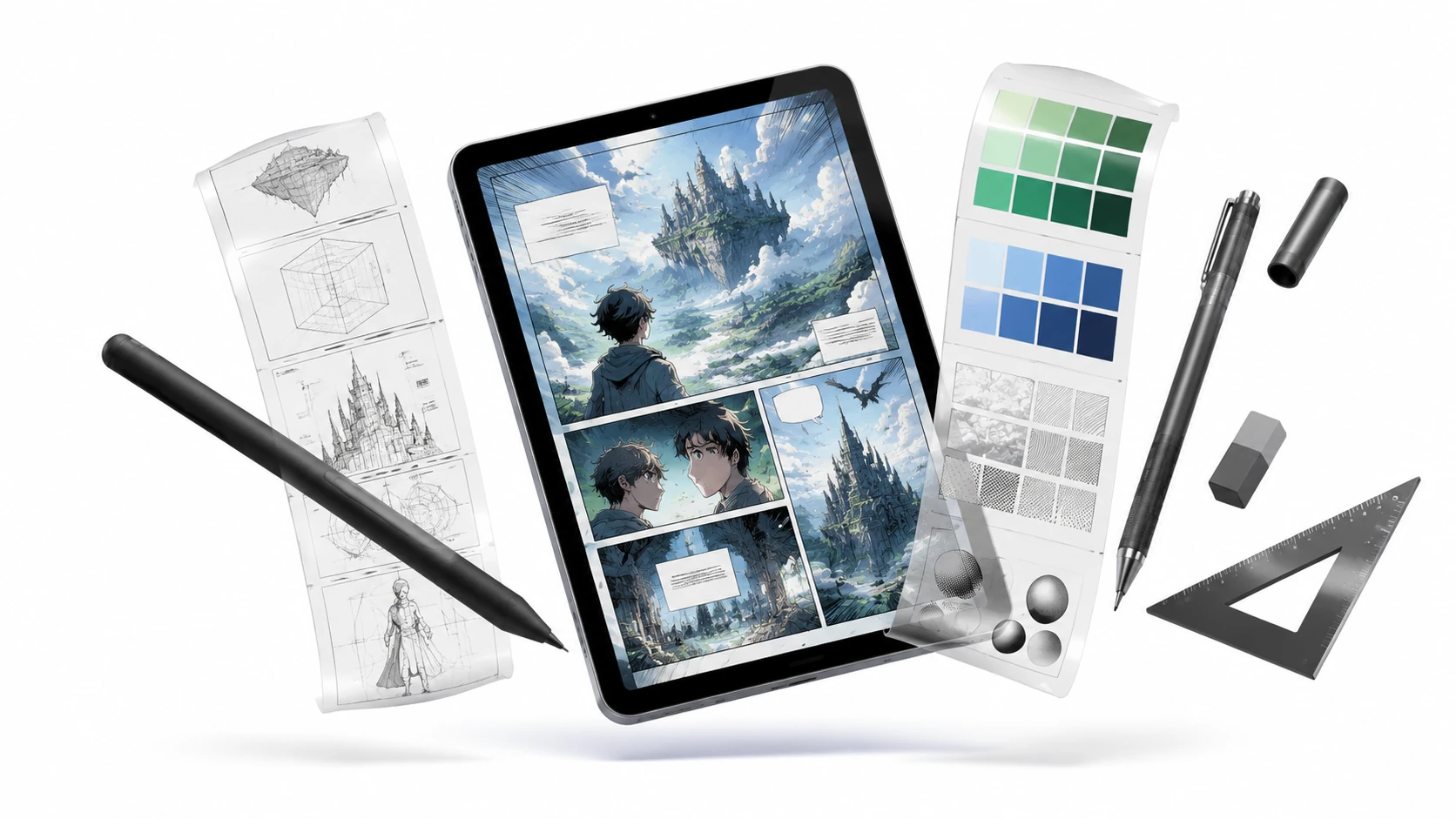 A high-end 3D editorial composition featuring a floating digital stylus, a tablet displaying a procedural flowchart, layered color swatches,
