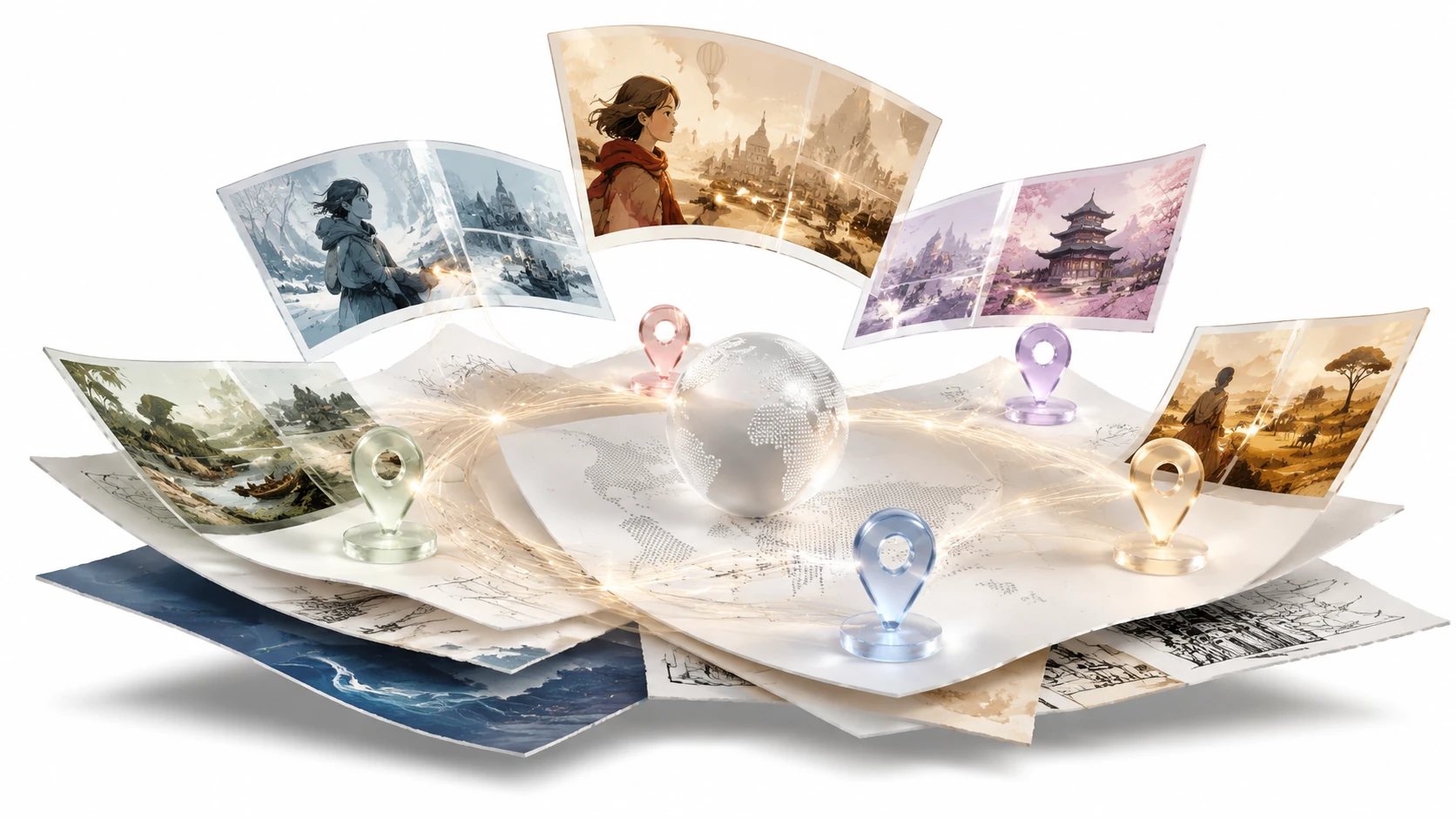 A floating 3D cultural market map with layered comic panels, linguistic nodes, and translucent glass markers showing global resonance paths.