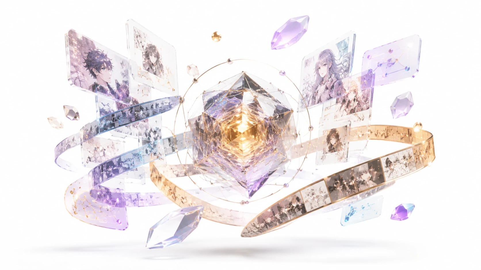 A floating 3D glass core representing a narrative bible, with semantic data nodes and webtoon panel fragments orbiting in a clean editorial