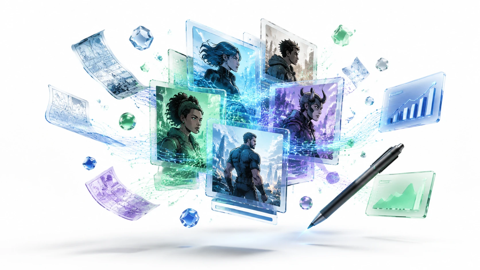 A 3D editorial render of interconnected translucent comic panels and digital nodes floating on a white background, symbolizing a collaborati