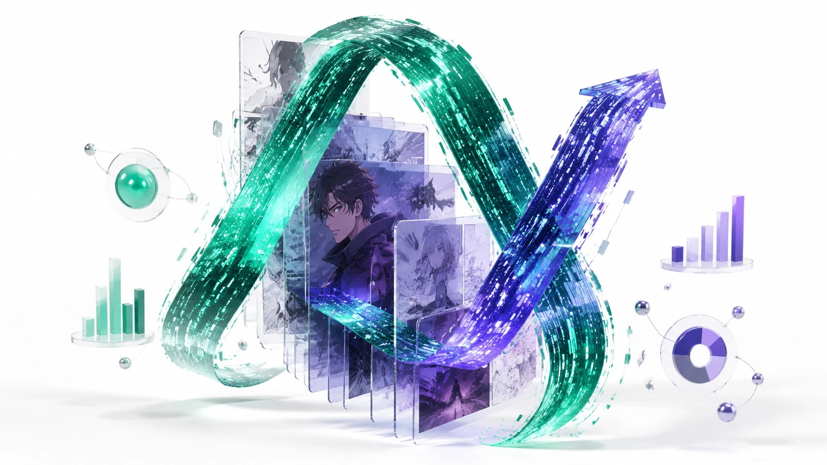 A 3D floating cluster of transparent glass panels showing webtoon scenes, intertwined with glowing golden data ribbons and percentage indica