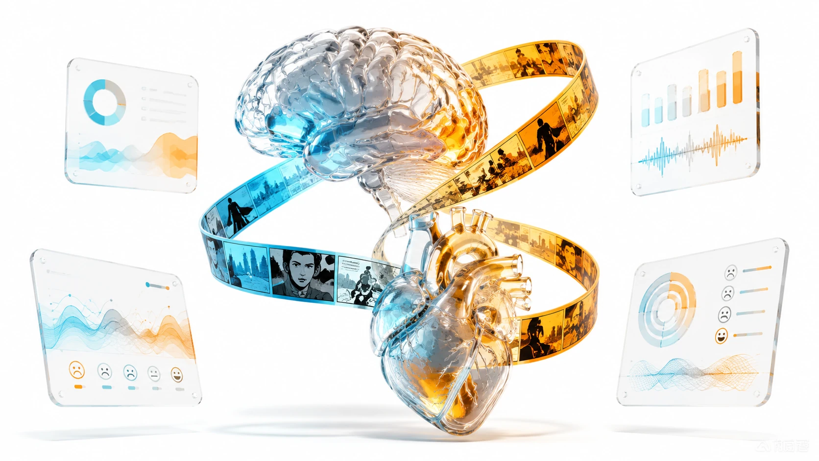 A floating 3D abstract visualization of a human heart and a brain connected by glowing comic panel strips, surrounded by glass analytics car