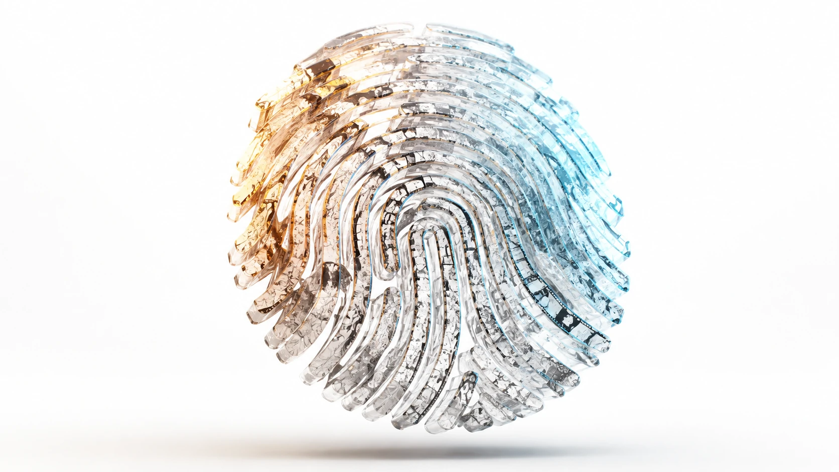 3D visualization of a digital fingerprint constructed from manga panels and script lines, floating on a white surface.
