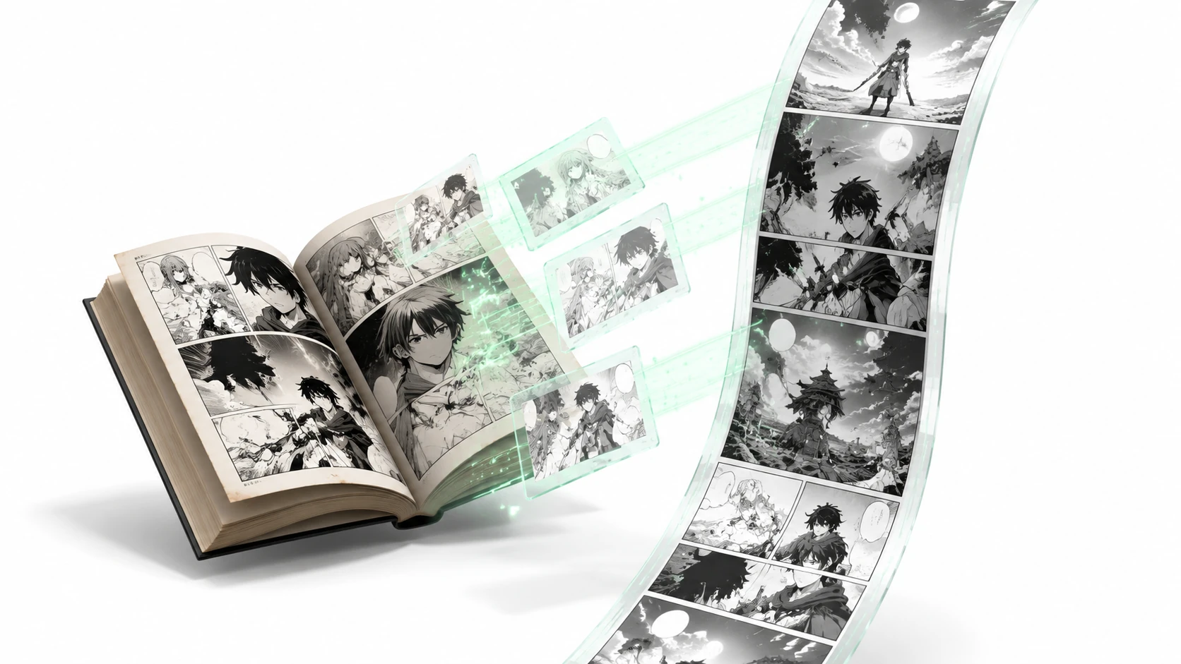 A 3D editorial illustration showing a classic manga page unfolding and transforming into a luminous, flowing vertical Webtoon strip with dig