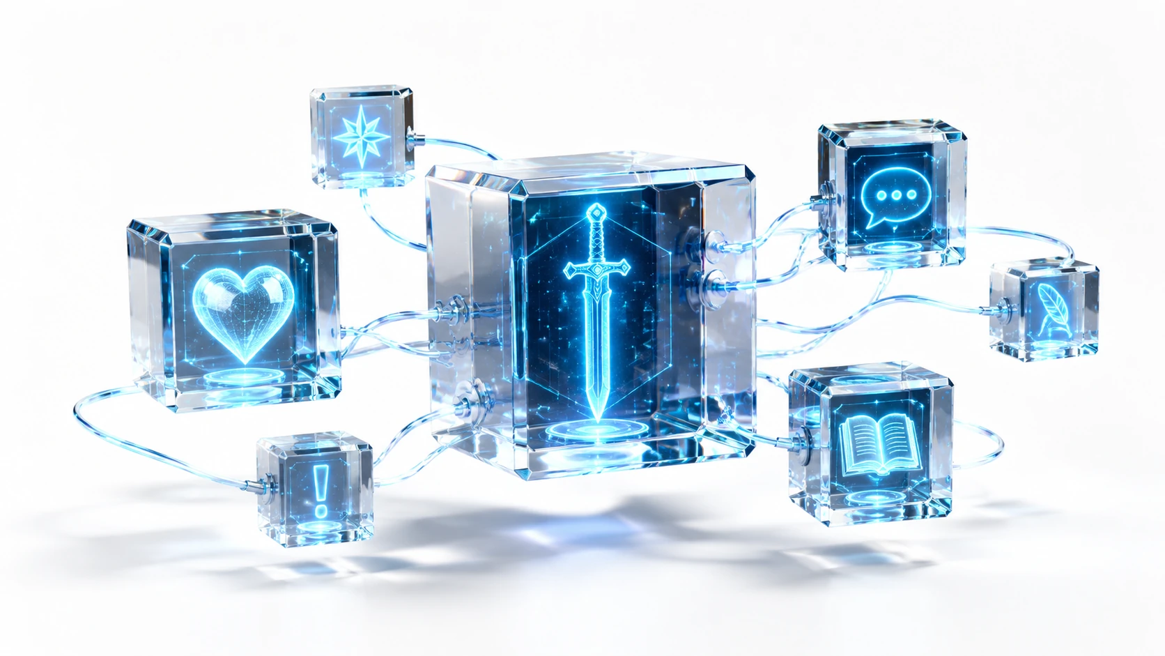 3D render of glowing translucent glass cubes representing narrative modules, connected by silver data threads on a white background.