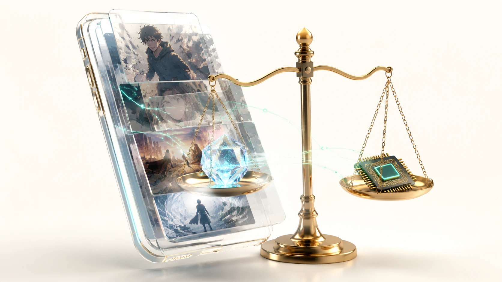 A premium 3D conceptual visualization of a vertical smartphone screen showing a layered webtoon being balanced by glowing digital nodes, rep