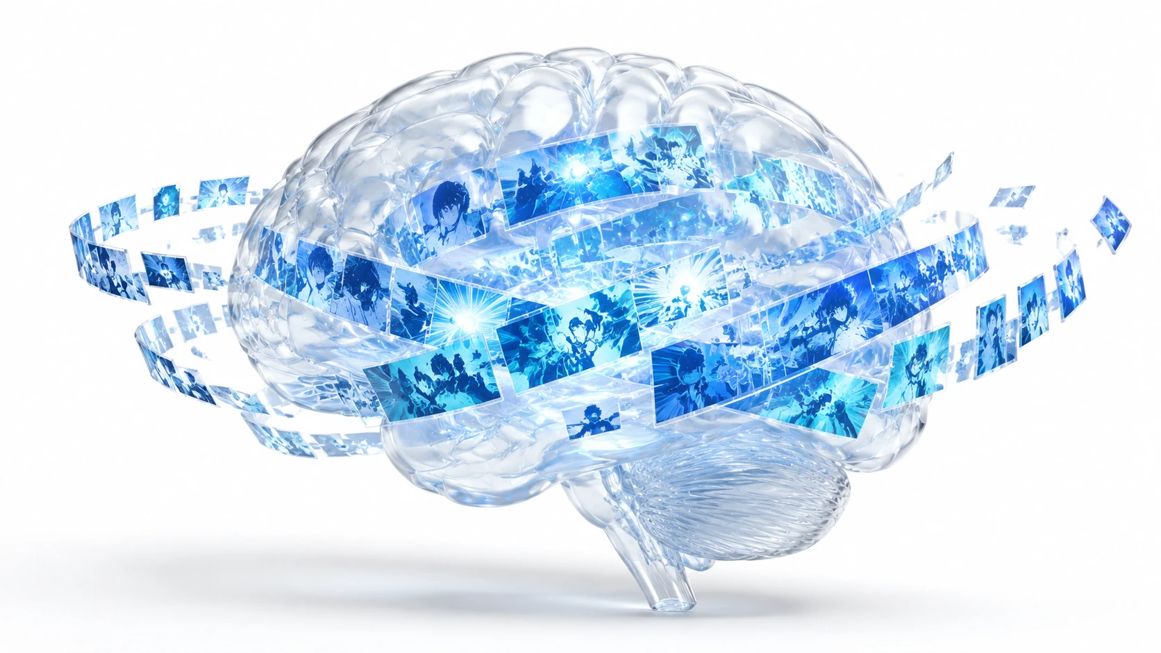 A premium 3D editorial render of a translucent glass human brain silhouette being navigated by flowing, glowing comic panels, symbolizing sm