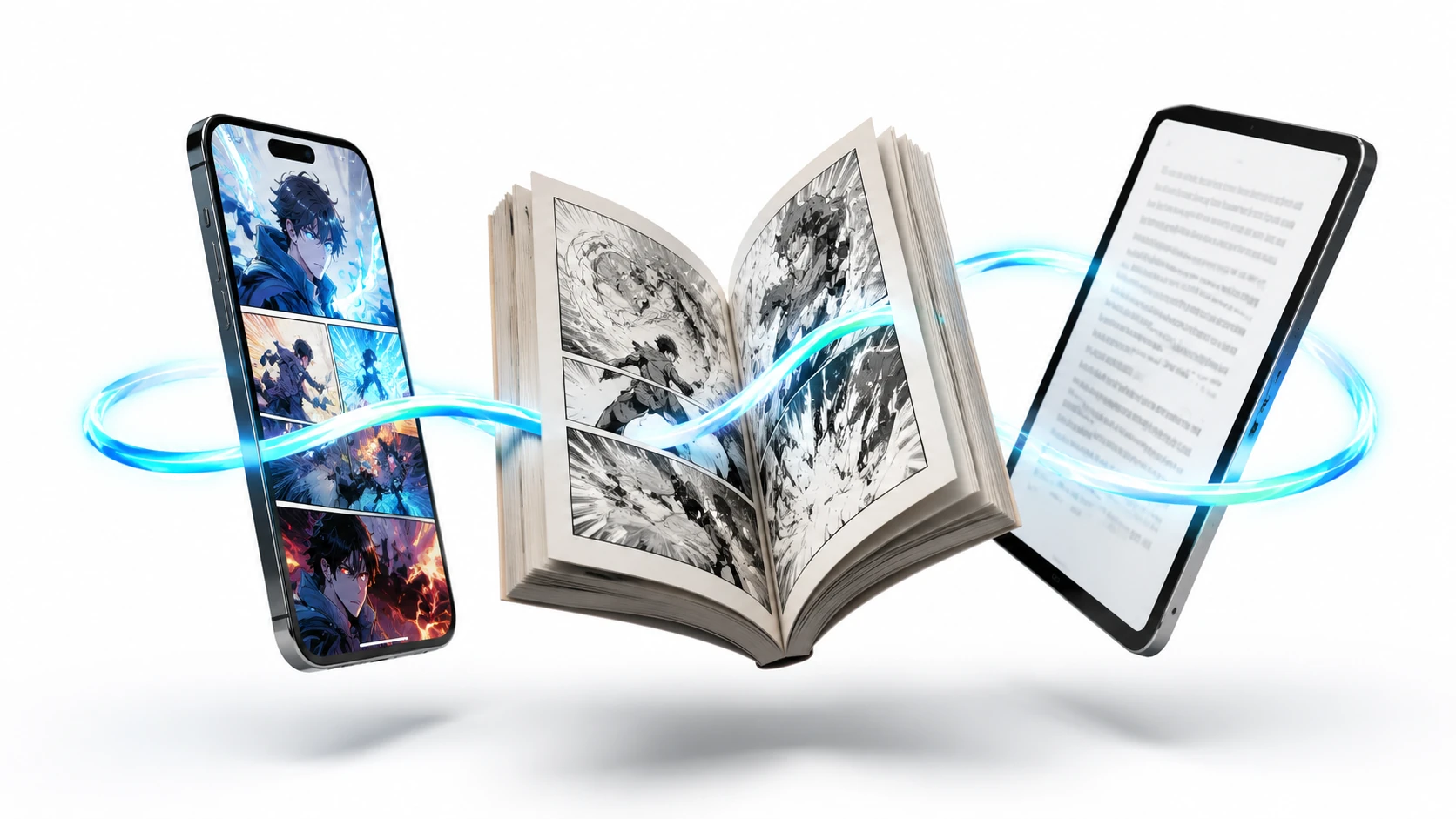 A premium 3D editorial render featuring a floating, interconnected trio of a vertical smartphone screen, a stylized physical manga volume, a