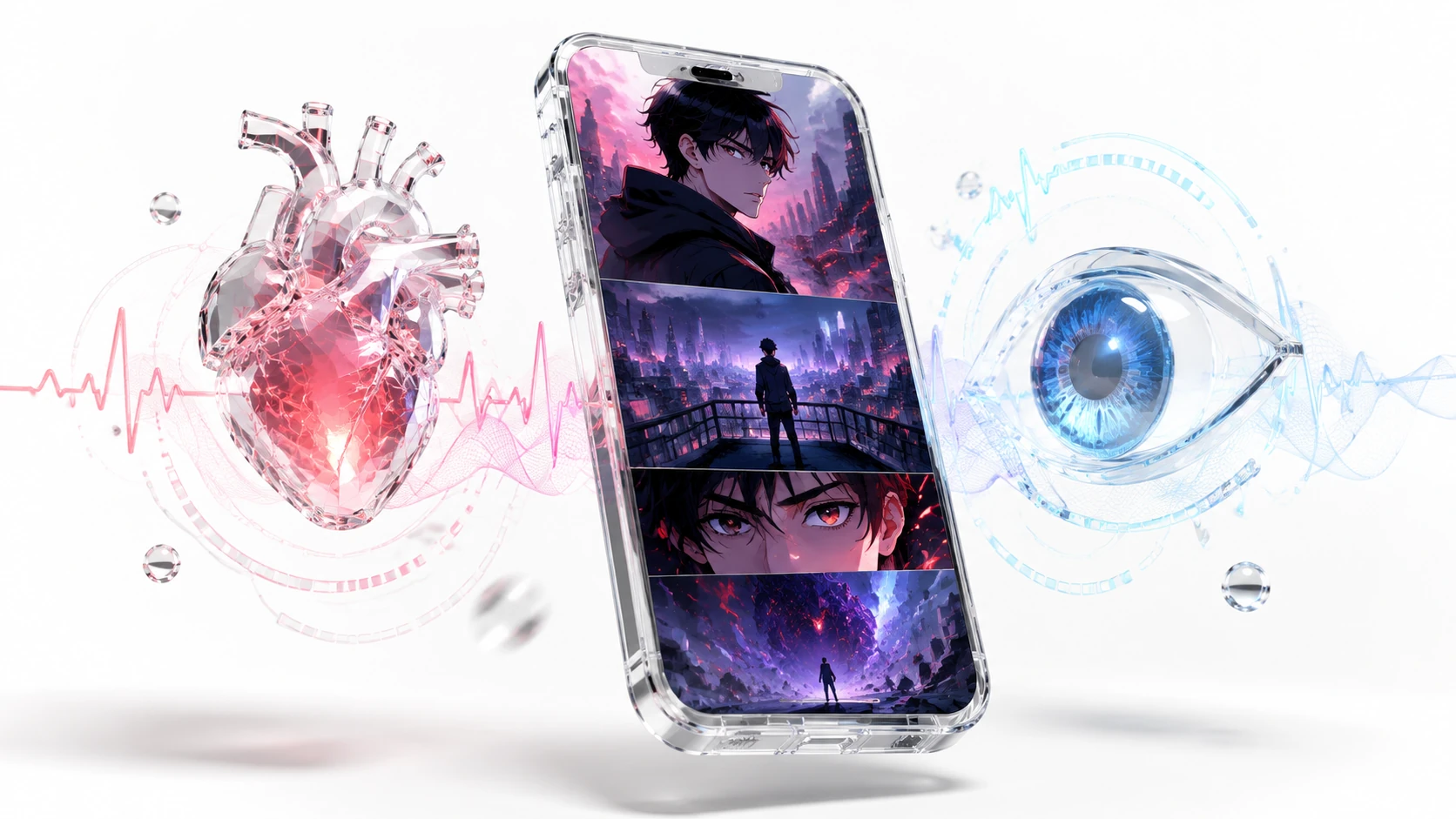 A high-end 3D editorial render of a translucent smartphone showing a webtoon with floating holographic biometric data waves and eye-tracking