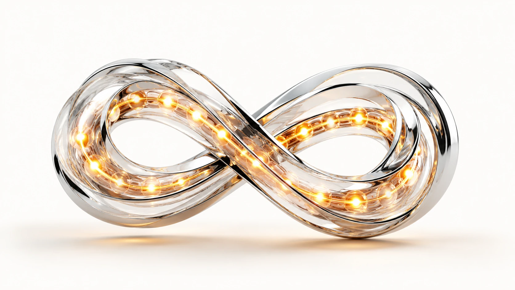 A premium 3D editorial render of a translucent glass 'infinity loop' structure with glowing data nodes, representing a continuous narrative