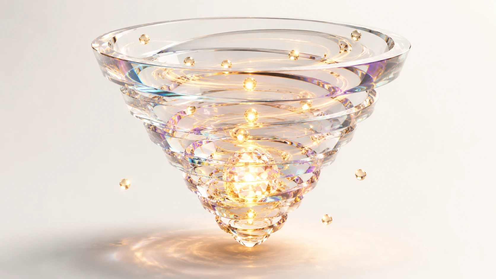 A high-end 3D render of a stylized glass funnel with glowing core particles representing reader attention, floating over a clean white backg