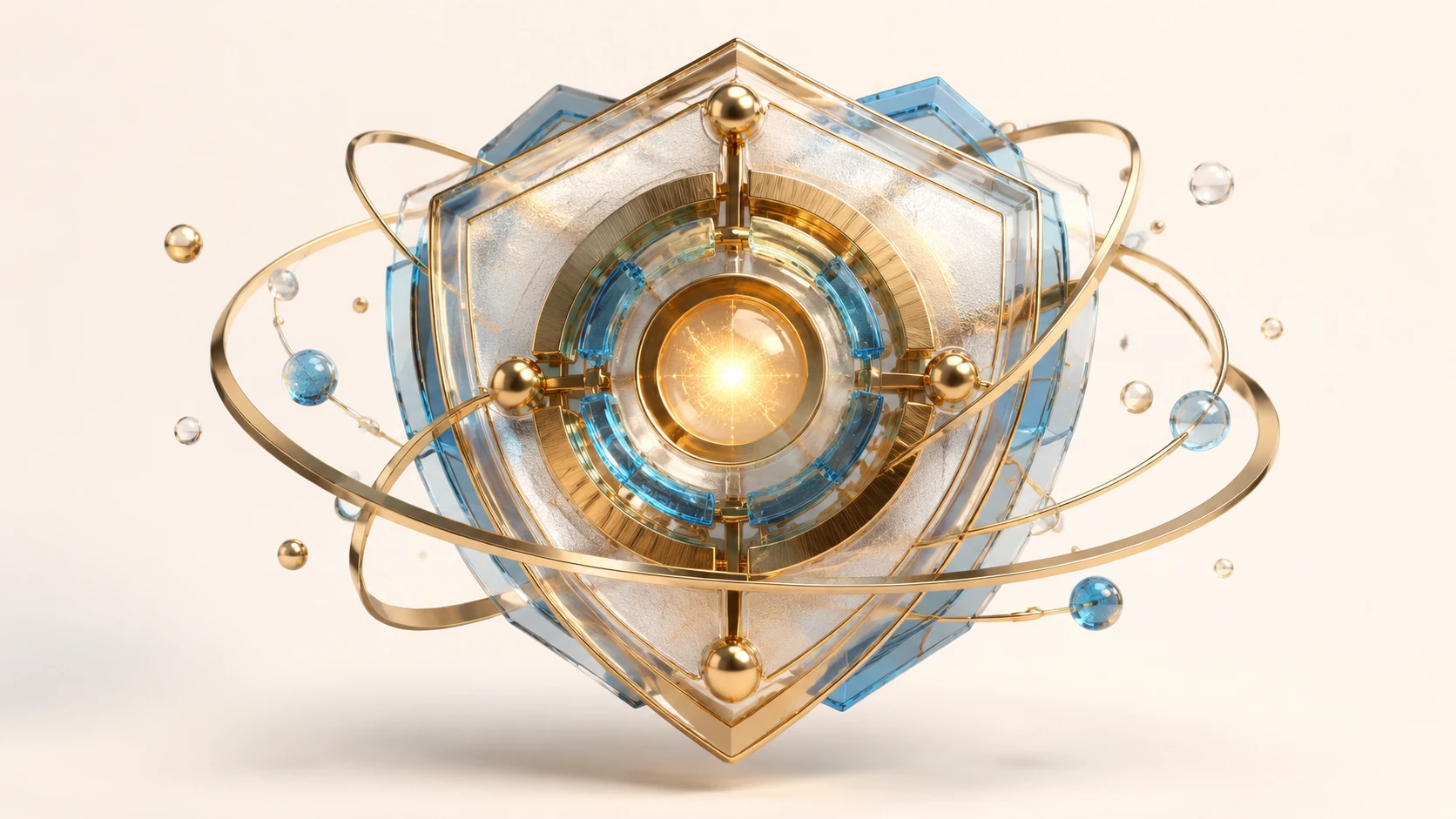 A 3D floating glass shield with an intricate golden geometric core representing narrative integrity and intellectual property protection.