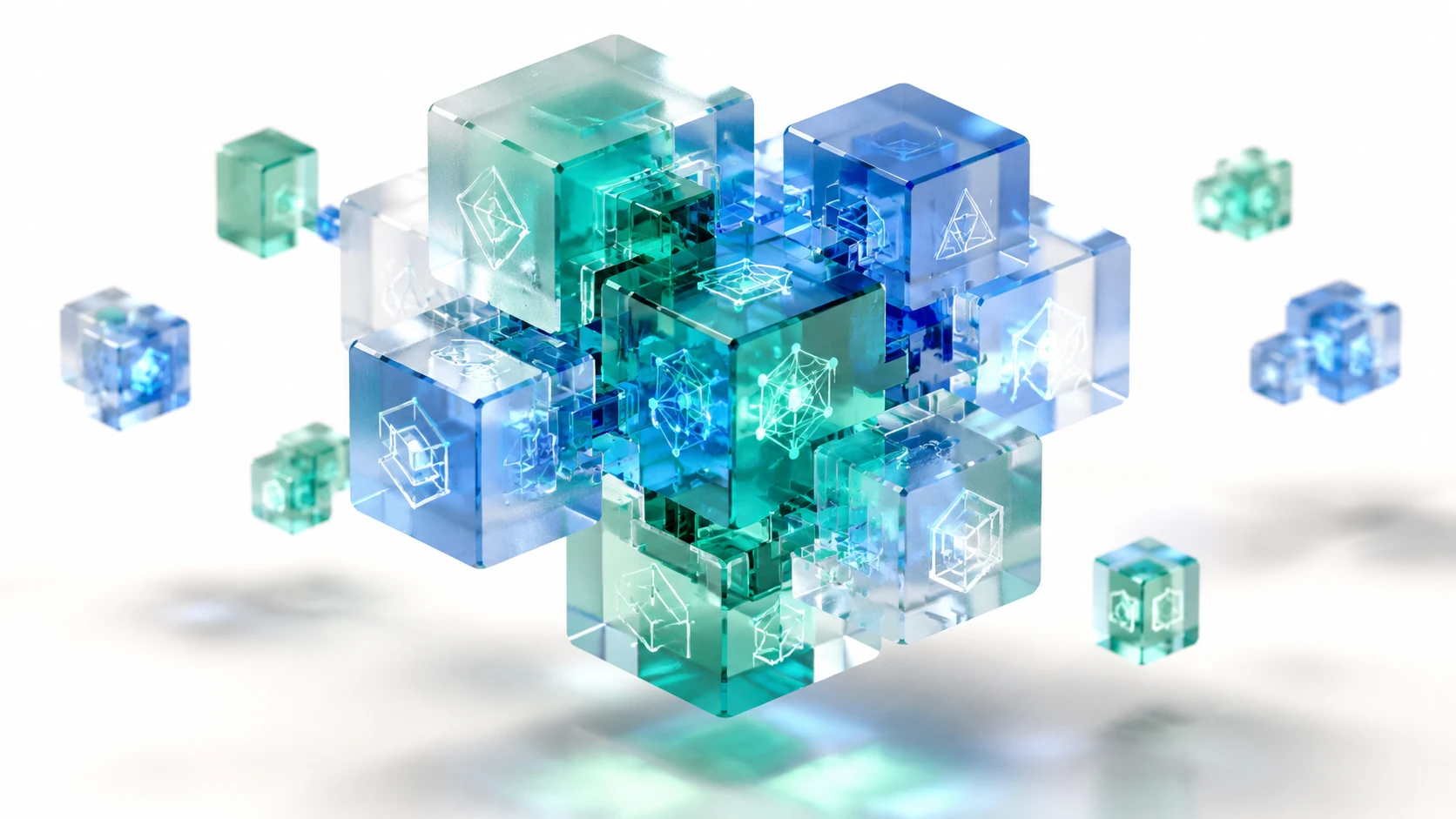 A 3D modular narrative engine showing translucent acrylic blocks representing story elements connecting into a unified crystalline structure