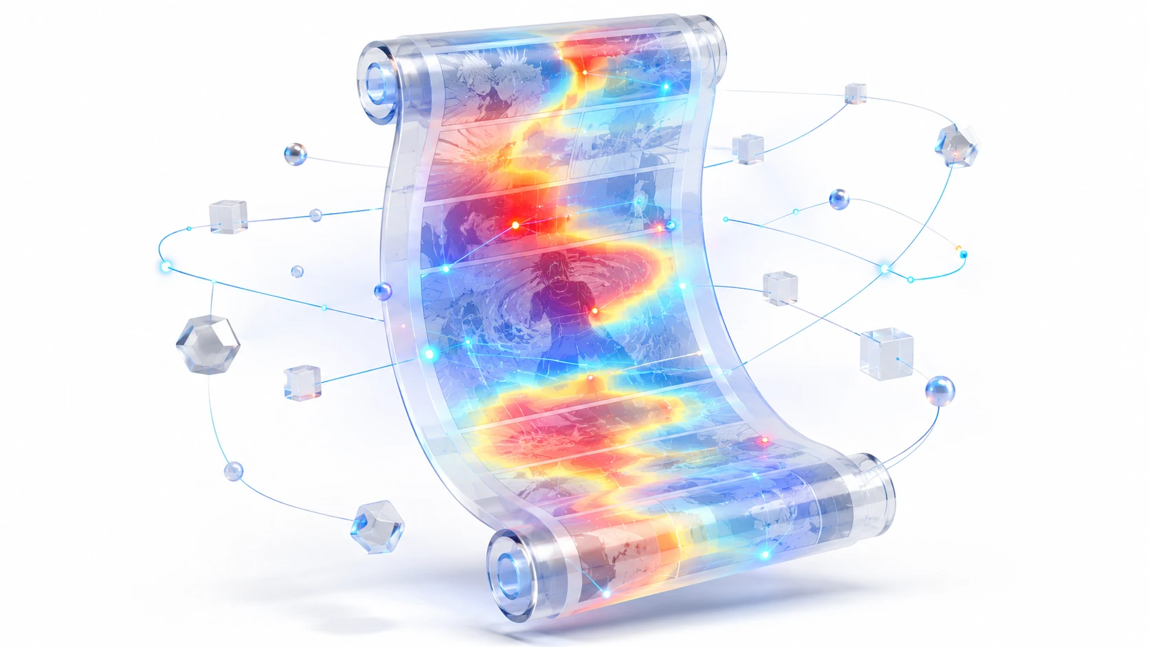 A floating 3D glass scroll displaying a glowing heatmap of reader engagement, with data nodes connecting narrative beats to real-time retent