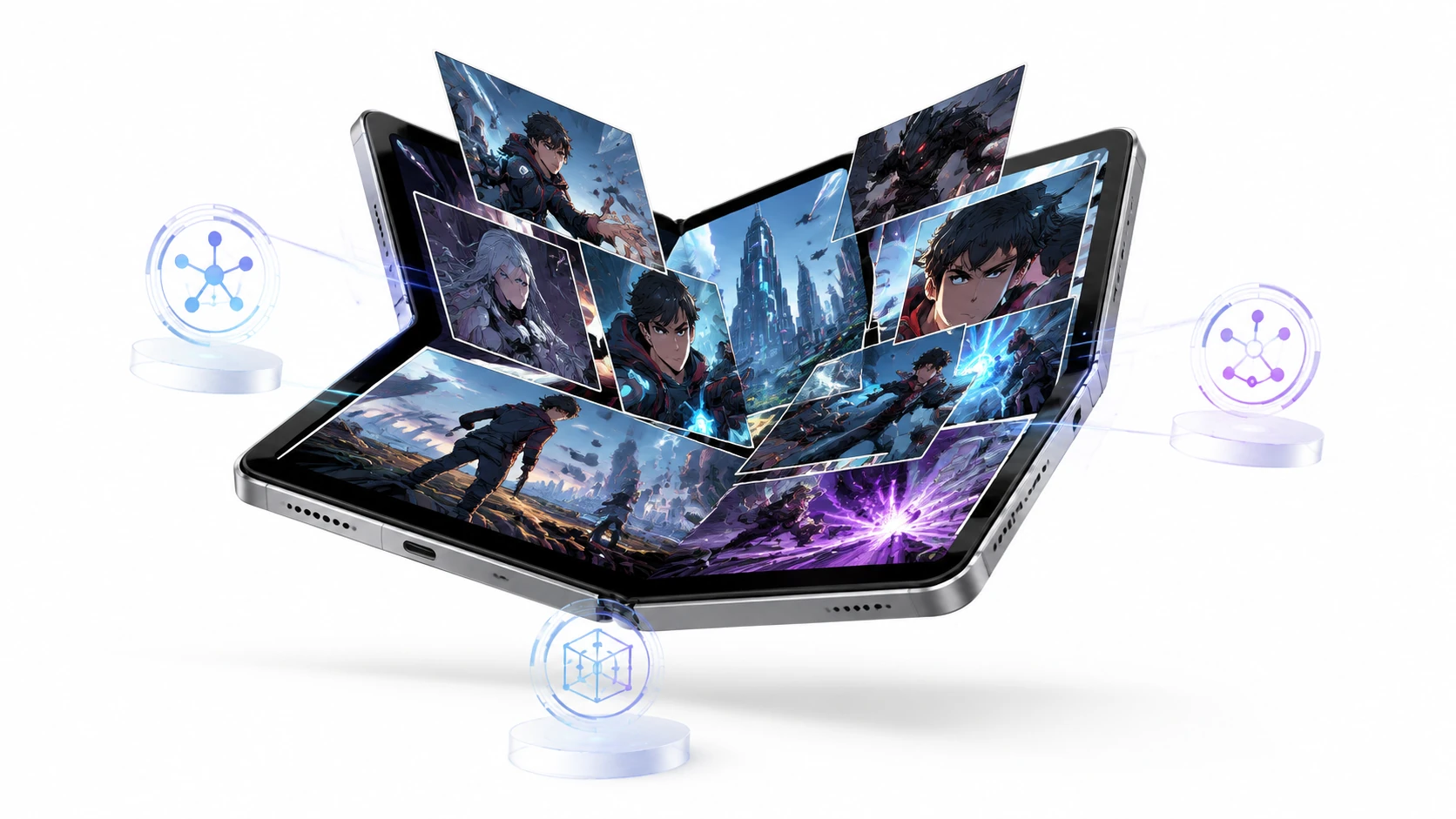 3D render of a futuristic transparent folding screen showing a webtoon layout rearranging its panels dynamically as the screen unfolds, whit